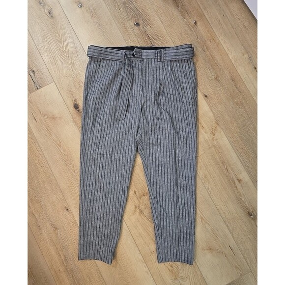Express Career Unisex Ankle Pants 36x25 Striped Gray Belted Linen Blend Stretch - Picture 1 of 8